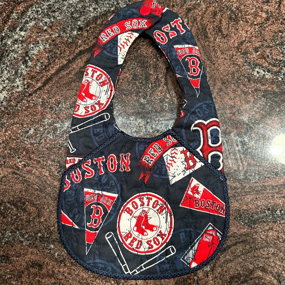 Handmade reversible quilted baby bib in Boston Red Sox print